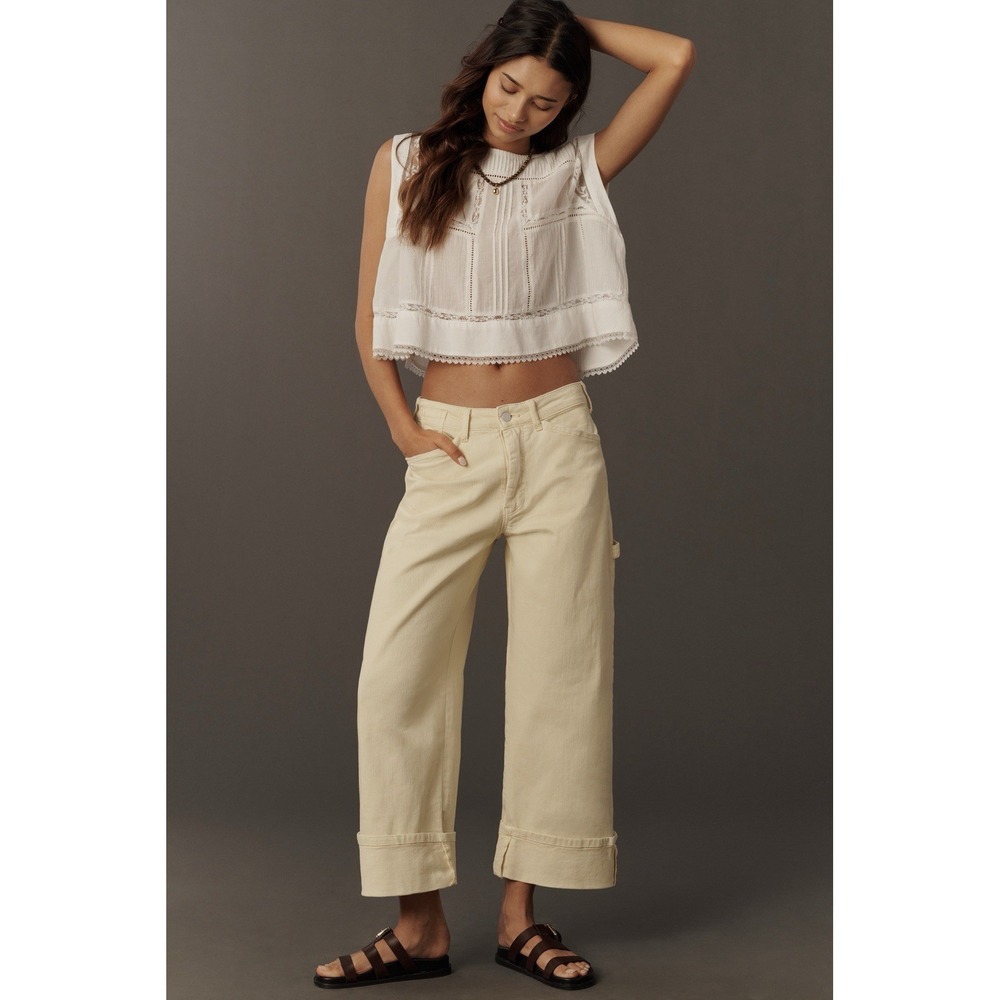 NWT Anthropologie Kayden Carpenter Barrel Jeans Pilot Sz 24P Anise Yellow